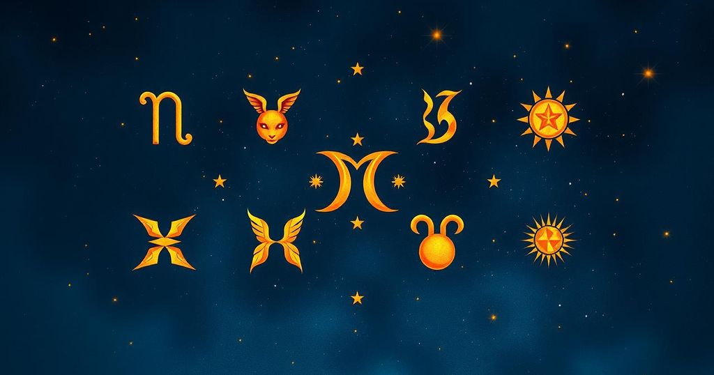 Astrological symbols on a textured celestial background in warm tones, representing zodiac signs and their themes.