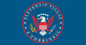 Solid blue background with a stylised representation of a presidential seal and a red tie.