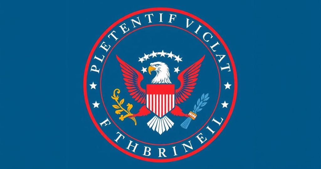 Solid blue background with a stylised representation of a presidential seal and a red tie.