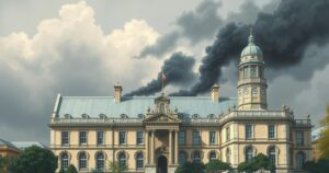 A university with a prominent building, cloudy sky, depicting tension and uncertainty in education policy.