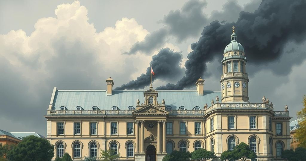 A university with a prominent building, cloudy sky, depicting tension and uncertainty in education policy.