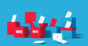 Abstract symbolising US elections with voting boxes and ballots, in a modern graphic style with blue and red tones.