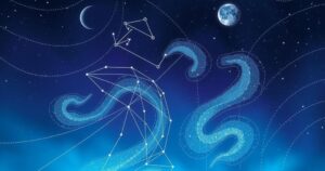 Astrological symbols set against a starry night sky, featuring moon phases and zodiac constellations in deep blues and purples.