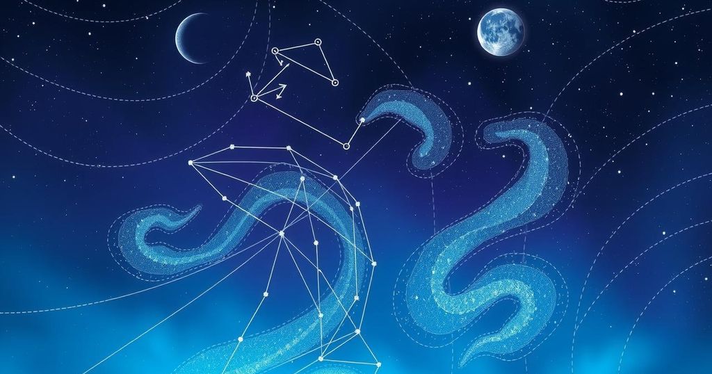Astrological symbols set against a starry night sky, featuring moon phases and zodiac constellations in deep blues and purples.