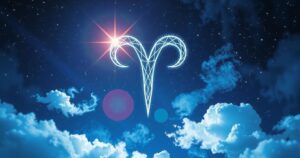 A cosmic scene with glowing Aries symbol under a starry sky, showcasing mystical vibes and astrology elements.