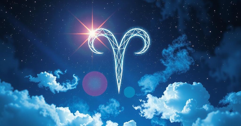 A cosmic scene with glowing Aries symbol under a starry sky, showcasing mystical vibes and astrology elements.