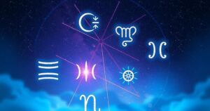 Astrological symbols of zodiac signs with a starry night background and a calming blue and purple colour scheme.