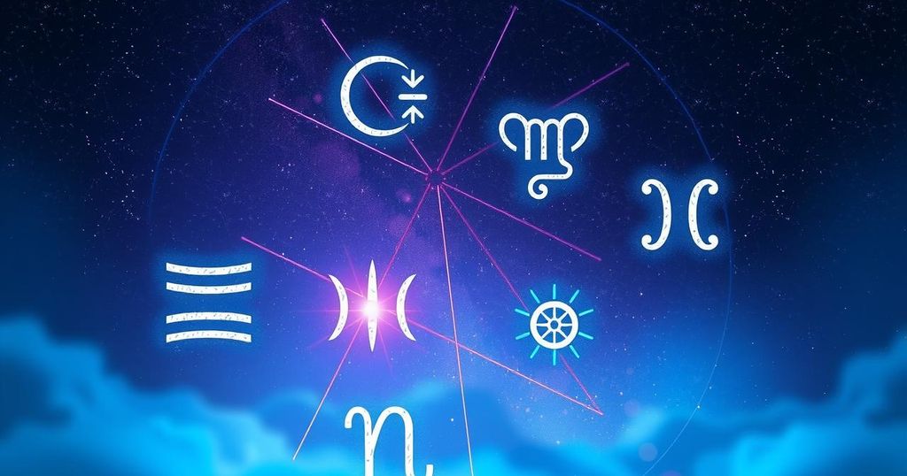 Astrological symbols of zodiac signs with a starry night background and a calming blue and purple colour scheme.