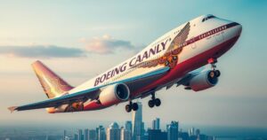 A luxurious Boeing 747-8 aircraft set against a skyline, illustrating the opulence of a presidential jet.