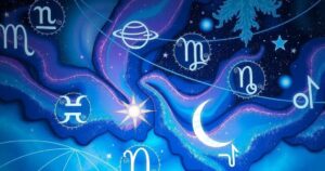 Celestial artwork representing zodiac signs with stars and planets in soothing blues and purples.