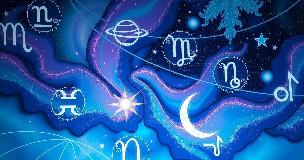 Celestial artwork representing zodiac signs with stars and planets in soothing blues and purples.