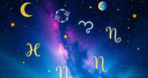 A cosmic scene featuring zodiac symbols and a starry night sky, evoking mysticism and introspection.