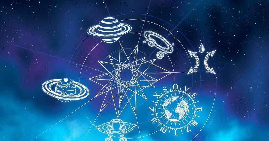 Astrology symbols with celestial bodies on a starry background, representing daily horoscopes for various signs.