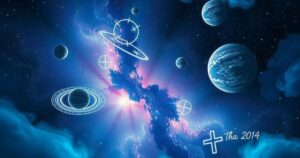 A cosmic scene showing planets in motion with astrological symbols and a starry sky, creating a mystical atmosphere.