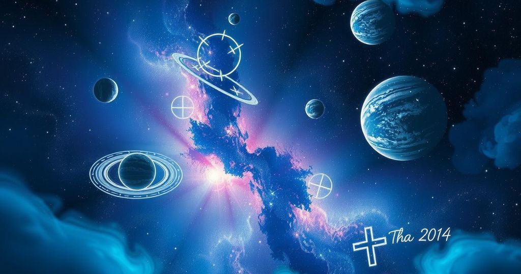 A cosmic scene showing planets in motion with astrological symbols and a starry sky, creating a mystical atmosphere.