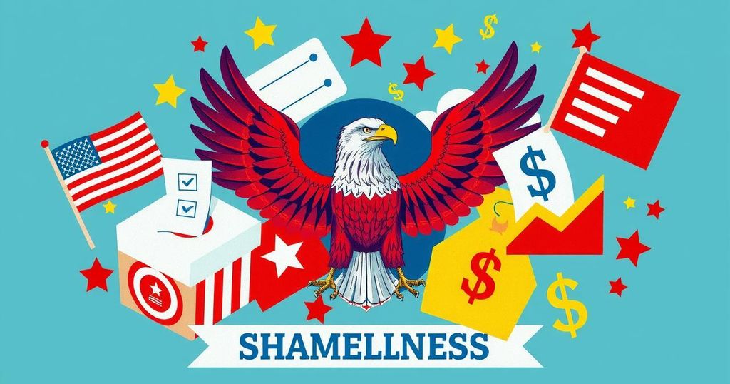 A collage of political symbols with bold colours, depicting the polarising nature of modern politics and party loyalty.