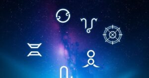 Astrological symbols surrounded by vibrant stars and a cosmic backdrop in deep blues and purples.