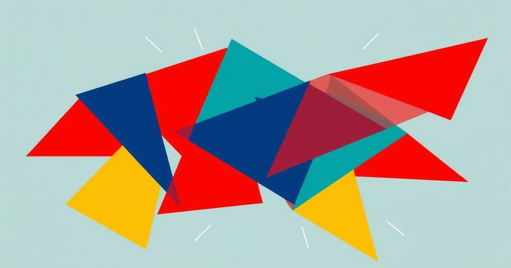 An abstract representation of political flexibility, featuring dynamic shapes and contrasting colours symbolising change and loyalty.