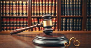 A gavel resting on a judge's bench with a backdrop of legal books, symbolizing justice and authority.