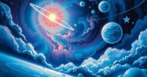 A vibrant celestial scene showcasing stars and planets in alignment, emitting a harmonious energy in bright colours.