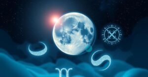A cosmic illustration depicting a full moon with astrological symbols, emphasising balance and harmony in life.