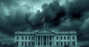 Illustration of a heavy cloud over a government building, symbolising public dissatisfaction with politics, in muted colours.