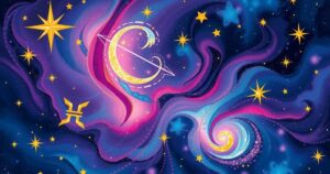 Astrological elements with vibrant stars and cosmic backgrounds, representing zodiac signs and dreams in motion.