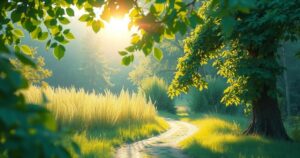 A serene landscape with a winding path leading through lush greenery under a bright, clear sky.