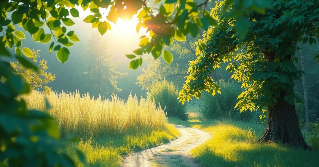 A serene landscape with a winding path leading through lush greenery under a bright, clear sky.