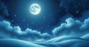 A mystical night sky with a full moon illuminating a tranquil landscape, symbolizing cosmic balance and new beginnings.
