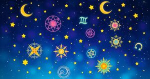 Astrological symbols on a starry background, incorporating vibrant colours, representing zodiac signs and cosmic elements.
