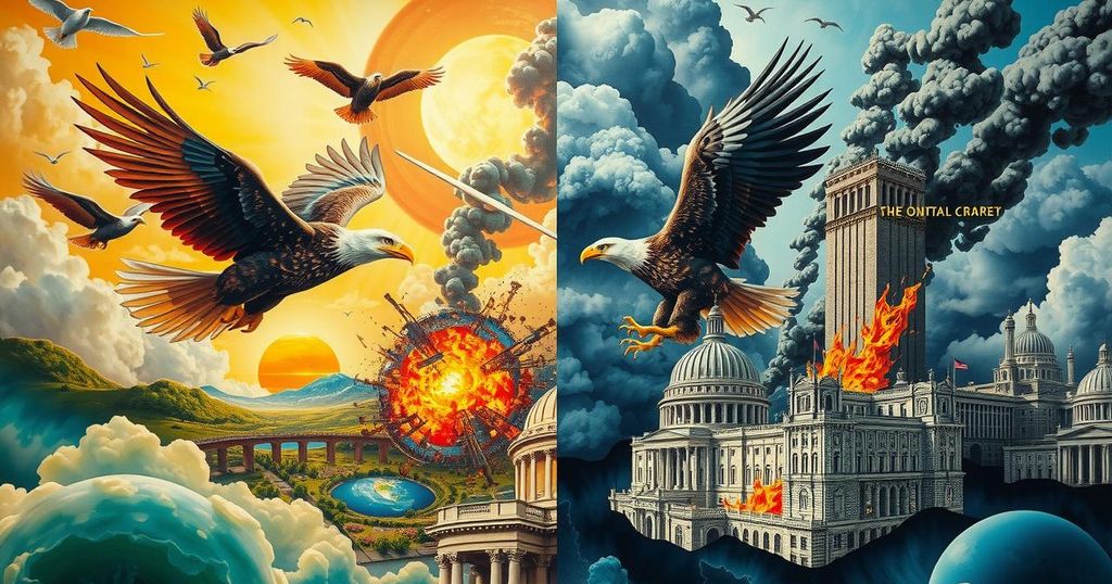 A surreal collage representing political fantasy and reality with contrasting themes in vivid colours.