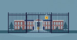 A conceptual illustration of a closed university campus with a locked gate, symbolising restricted access to education.