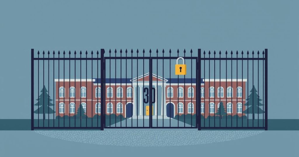 A conceptual illustration of a closed university campus with a locked gate, symbolising restricted access to education.