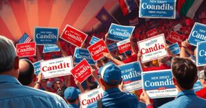 A political rally scene with campaign signs, an enthusiastic crowd and vibrant banners showcasing support for candidates.