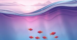 Calm ocean waves under a purple sky, symbolising tranquility and the Pisces zodiac sign with gentle fish swimming below.