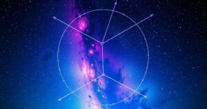 A starry night sky with zodiac symbols and a cosmic background showing astrological elements and constellations.
