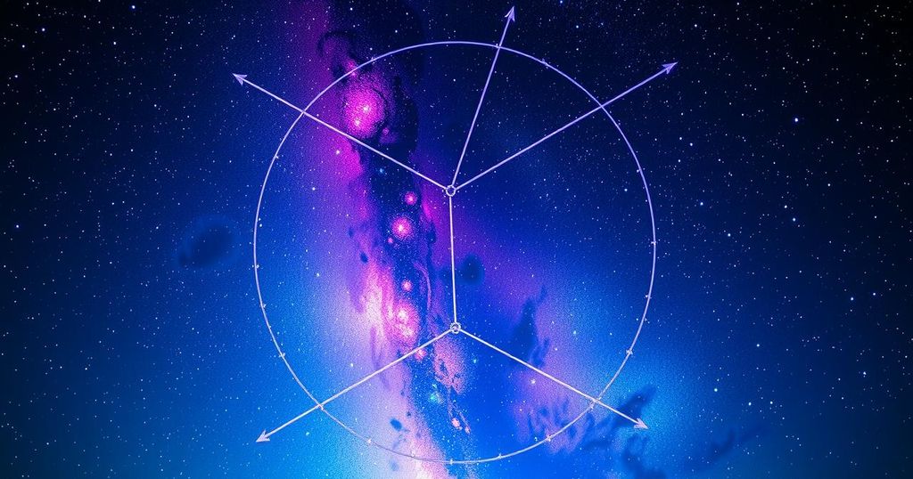 A starry night sky with zodiac symbols and a cosmic background showing astrological elements and constellations.