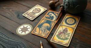 An artistic representation of tarot cards with mystical symbols on a wooden table, infused with warm, earthy tones.