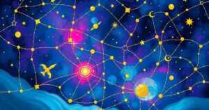 A celestial scene depicting the zodiac constellations interconnected by vibrant energy, showcasing balance and creativity.