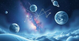 A serene cosmic scene with celestial bodies in alignment, showcasing the balance of zodiac signs and astrological symbols.