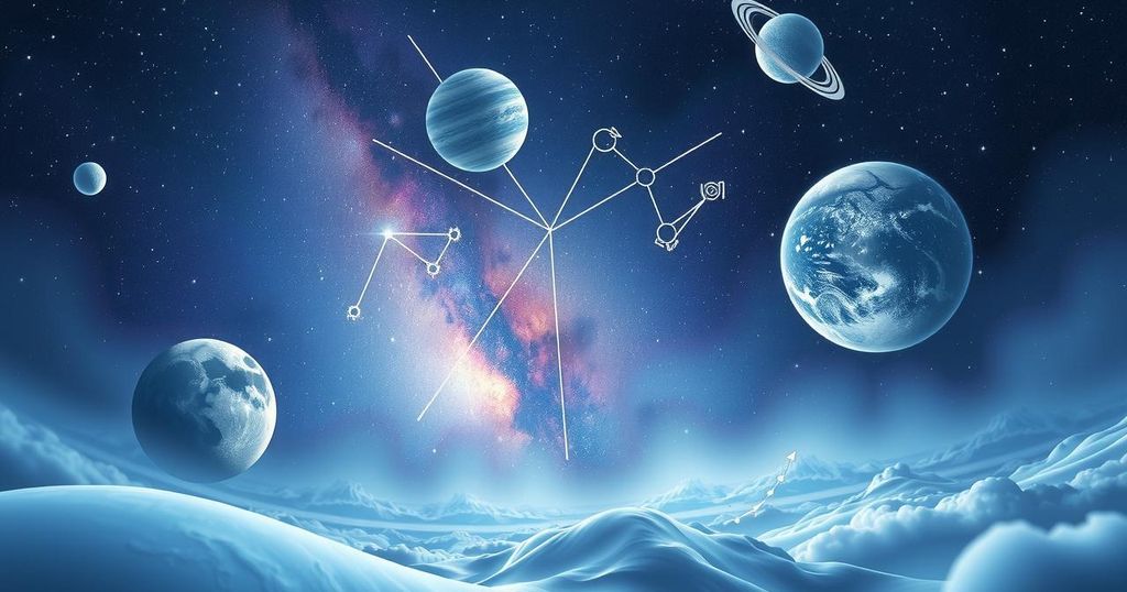 A serene cosmic scene with celestial bodies in alignment, showcasing the balance of zodiac signs and astrological symbols.