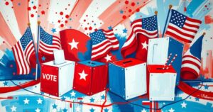 A vibrant political scene depicting democratic elections with ballot boxes and patriotic symbols in an abstract style.