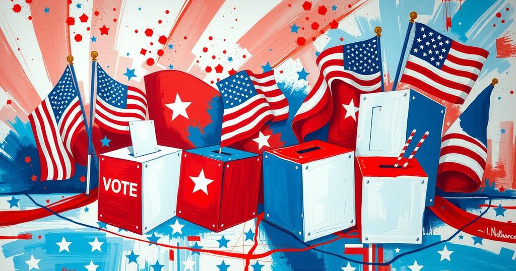 A vibrant political scene depicting democratic elections with ballot boxes and patriotic symbols in an abstract style.