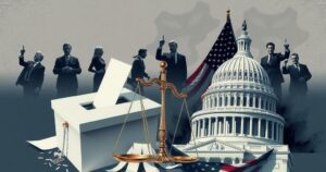 A collage illustrating American political fatigue with symbols of discontent and frustration in muted tones.