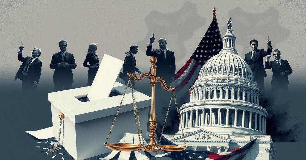 A collage illustrating American political fatigue with symbols of discontent and frustration in muted tones.