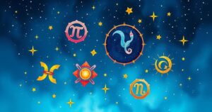 A cosmic illustration featuring astrological symbols and vibrant celestial bodies in deep blue and silver tones.