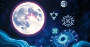 Astrological symbols and celestial bodies against a cosmic backdrop, featuring a bright full moon shining.
